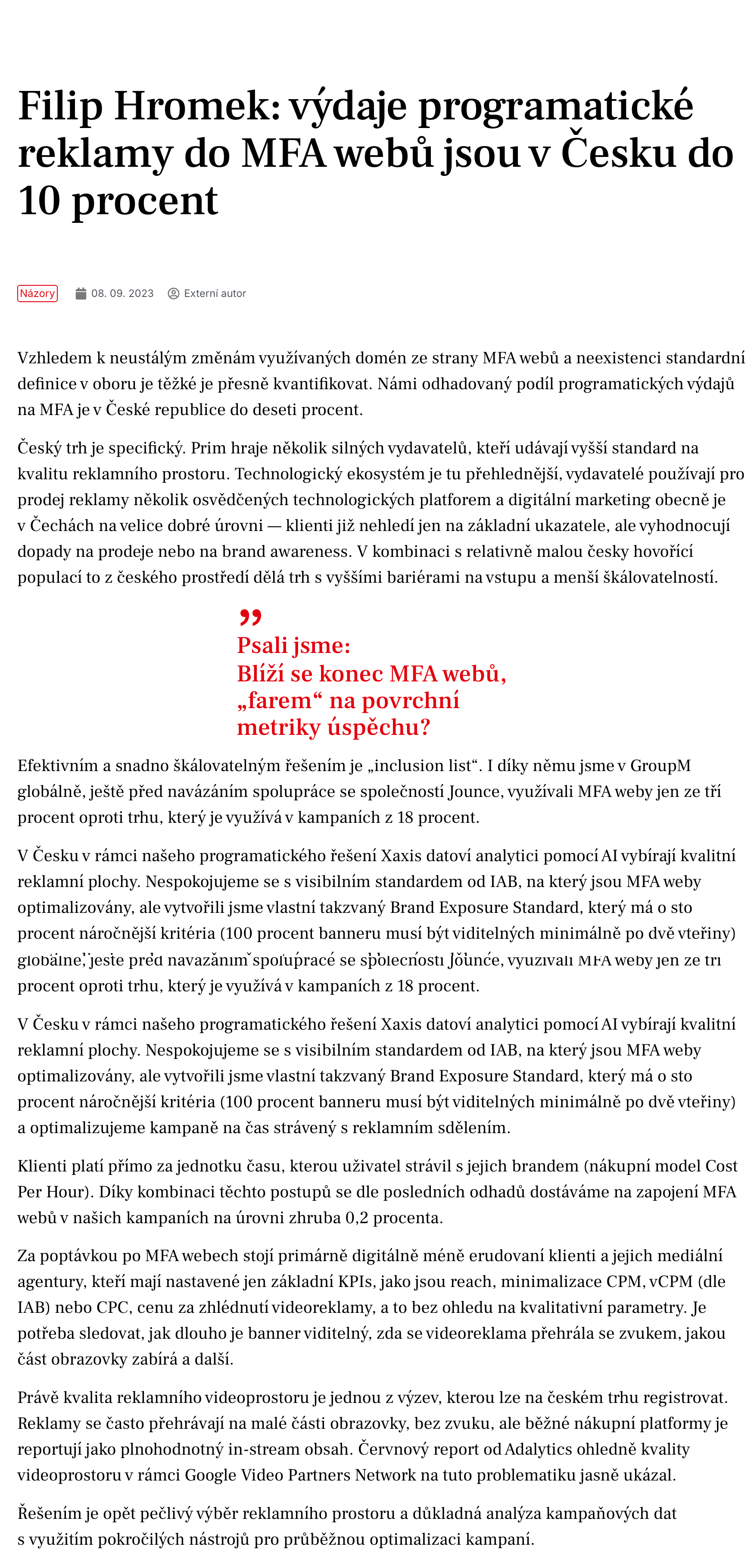 Článek MAM: Výdaje programatické reklamy do MFA webů jsou v Česku do 10 procent